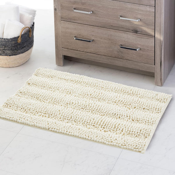 Washable Bath Mats White Rugs for Bathroom - Chenille Anti-Skidding Quick Dry Kitchen Mats, 20" W x 32" L