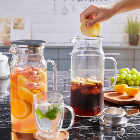 2 68 oz Bivvclaz Liter Glass Pitcher with Lid and Handle, Glass Carafe for Hot/Cold Water, Large Iced Tea Pitcher