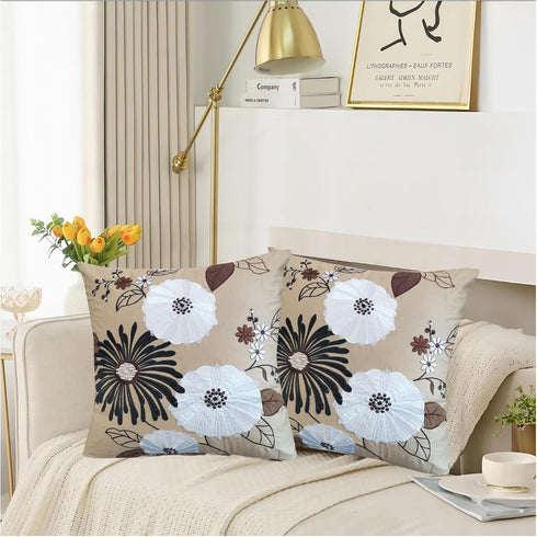 Aitliving Decorative Pillow Cover 2PCS Pack Couch Throw Pillowcase Black/White/Brown Blooming Flower Handmade
