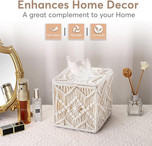 Tissue Box Cover Square Woven Macrame, Boho Decor Tissues Holder with Bead Buckle for Home, Bathroom, Office