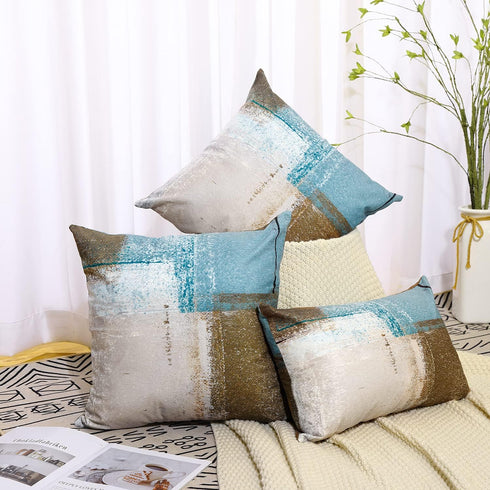 Set of 2 Decorative Pillow Case Throw Pillow Covers for Couch Indoor Bed 18 x 18 Inch, Blue Brown Abstract Art