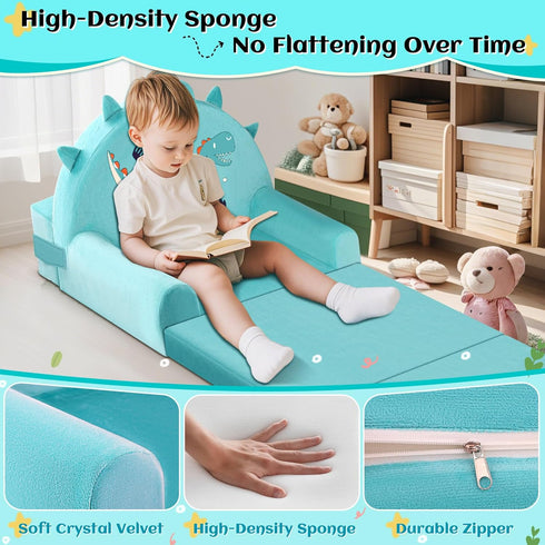 Cozy Dinosaur Kids Sofa Bed with Removable Washable Cover & Magic-Tape Backrest Foldable Toddler Chair, Crystal Velvet