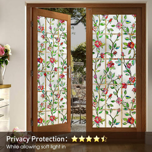 Windimiley Stained Glass Window Privacy Film: 3D Rose Decorative Bathroom Frosted Window Clings Sun Heat Blocking Flower Window Tint for Home Non Adhesive Door Window Covering (16.9 x 39.4 in,Red)