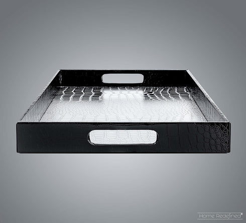 17.5"x12" Home Redefined Silver & Black Glossy Crocodile Faux Leather Serving Tray Beautiful Modern Elegant Decorative