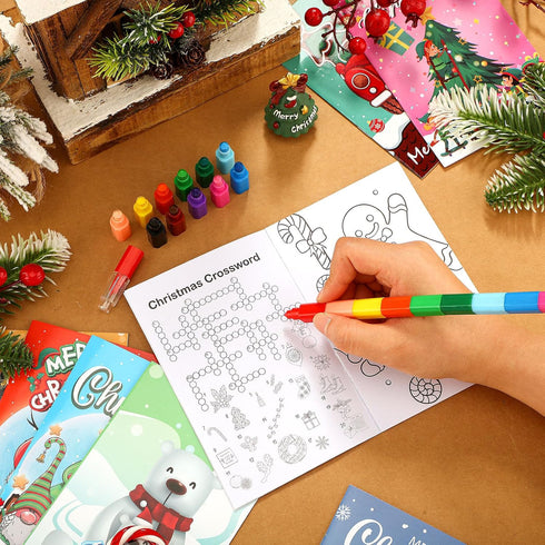 144 Fulmoon Pcs Christmas Coloring Books Bulk with Crayons Christmas Tree Santa Claus Reindeer Snowman Xmas Mini