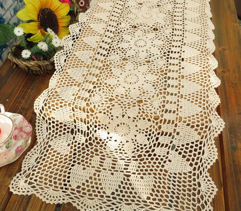 Laivigo Handmade Crochet Lace Table Cloth Doilies - Rectangle, 16 x 35 Inch, Beige