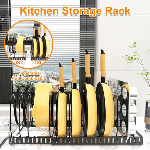 Expandable Pot and Pan Organizer Under Cabinet, Rack with 12 Size Dividers for Kitchen Cabinet and Pantry Storage