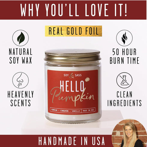 Fall Candles - 'Hello Pumpkin' Soy Pumpkin Spice Candle, Infused with Essential Oils, 9oz Reusable Jar, 50 Hour Burn