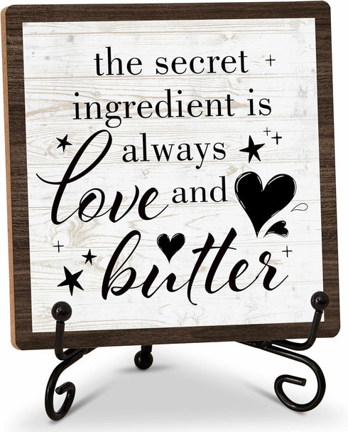Kitchen Shelf Decor Wood Sign, The Secret Ingredient Is Always Love and Butter, 5x5IN, Set of 1
