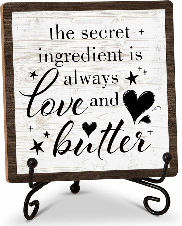 Kitchen Shelf Decor Wood Sign, The Secret Ingredient Is Always Love and Butter, 5x5IN, Set of 1