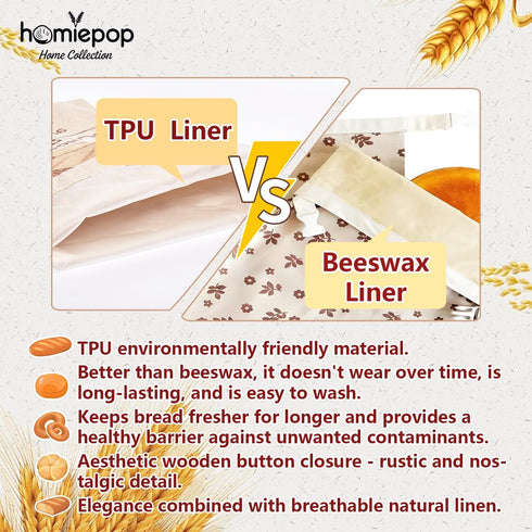 HomiePop (3 Pack) 17x13 Inch Bread Bags for Homemade Bread Linen Reusable Sourdough Bread Bags with TPU Lining Keeps