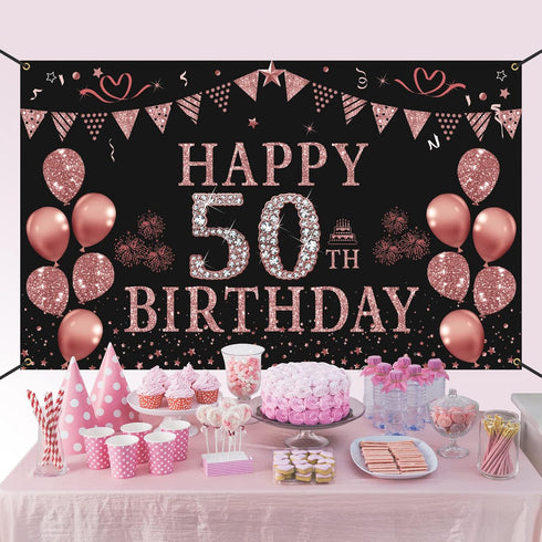 Trgowaul 50th Birthday Decorations for Women - Rose Gold 50th Birthday Banner Backdrop, Happy 50th Birthday Party