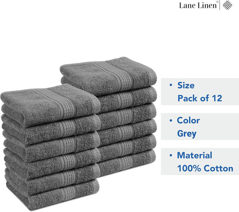 Set 12 13x13 inches LANE LINEN Washcloths - Soft Cotton Washcloths for Bathroom - - Well Stitched Edges, Softer, Highly
