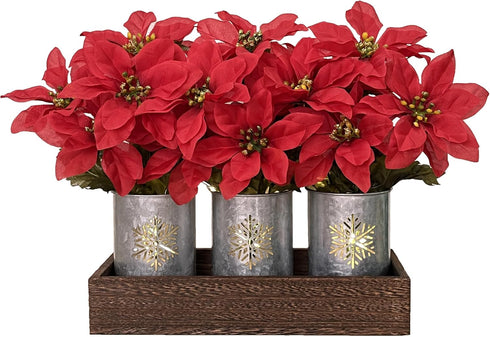 HEMYLU Poinsettias Artificial Christmas Flowers with LED Lights, Red Xmas Table Centerpiece in Pots and Wood Box