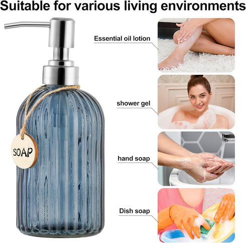 16 OZ Clear Glass Soap Dispenser with Vertical Stripe and 304 Stainless Steel Pump for Bathroom, Kitchen, Lotion (Blue