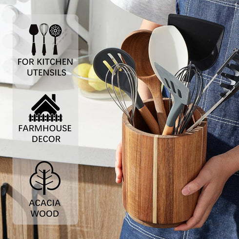 Acacia Wood Utensil Holder - 360° Rotating 7.2" Large Kitchen Utensil Storage Organizer for Countertops