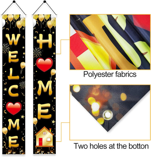 Welcome Home Door Banner Decoration, Black Gold Welcome Back Home Porch Banner for Outdoor Party Supplies