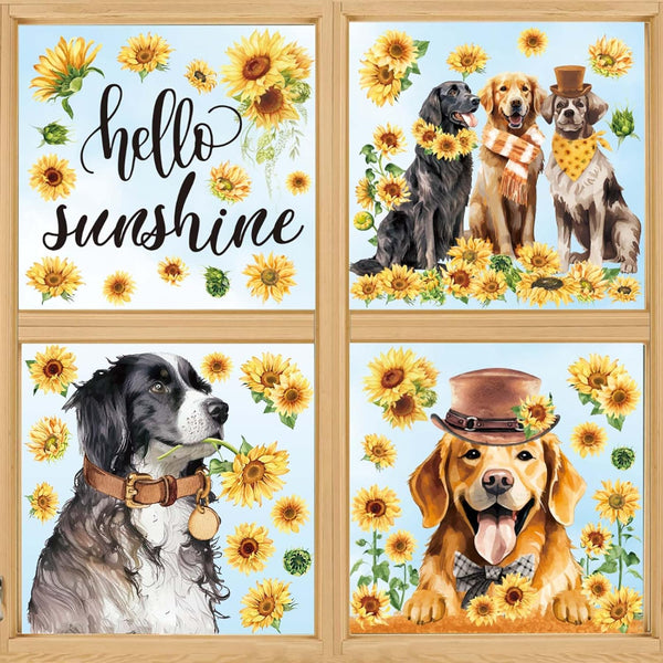 Summer Dogs Window Clings, Watercolor Sunflower Puppy Stickers, Reusable Window Decals for Home School Office Decor