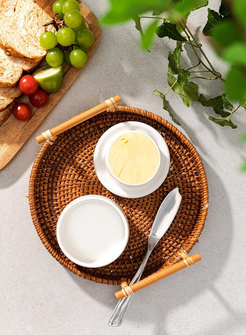 French Butter Crock with Lid, White Porcelain Butter Keeper with Waterline for Fresh Soft Butter without Refrigeration