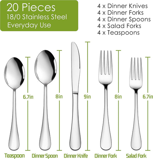 HaWare 20-Piece Silverware Set Service for 4, Stainless Steel Flatware Cutlery Set, Food-Grade Tableware Eating Utensil Set for Home Kitchen, Include Fork Knife Spoon, Mirror Polished, Dishwasher Safe