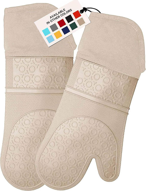 HOMWE Extra Long Professional Silicone Oven Mitt, Heat Resistant Pot Holders, 1 Pair Beige