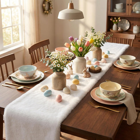 60 inches duduta White Faux Fur Table Runner Long, Fluffy Dresser Runner Covers Coffee Table Runner Spring Easter Decor
