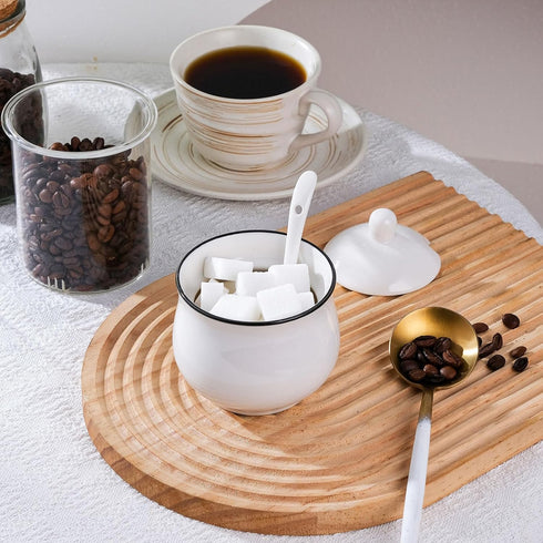 TkoYuHm 7oz Farmhouse White Ceramic Sugar Bowl with Lid and Spoon Salt Container Jar for Coffee Table Porcelain