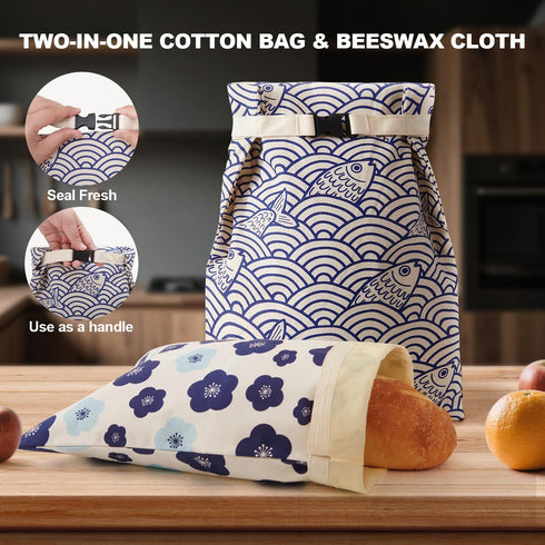 Augine 2 Pack Beeswax Bread Bags for Sourdough, Reusable Bread Bags for Homemade Bread, Natural Cotton Beeswax Storage