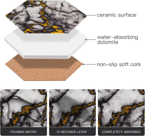 Coasters,Set 8 Gold Marble of Drink Coasters for Anniversary, Office,Geichan Ceramic Bar Coasters Cute Dining Coffee