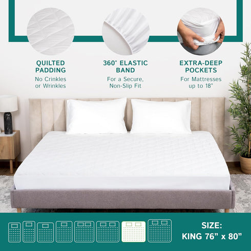 King Size Quilted Mattress Pad - Premium Quality Hypoallergenic Mattress Cover, Fitted Waterproof Mattress Protector,