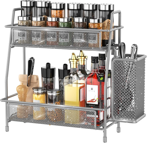 LEMIKKLE Spice Rack Organizer for Kitchen Counter, Metal Storage for Spices and Seasonings with Side Basket (Grey)
