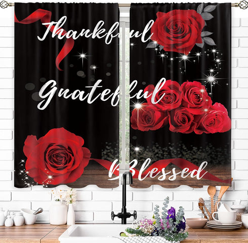 Red Rose Flower Small Kitchen Curtains, Floral Inspirational Quotes Window Treatment 27.5x39 Inch