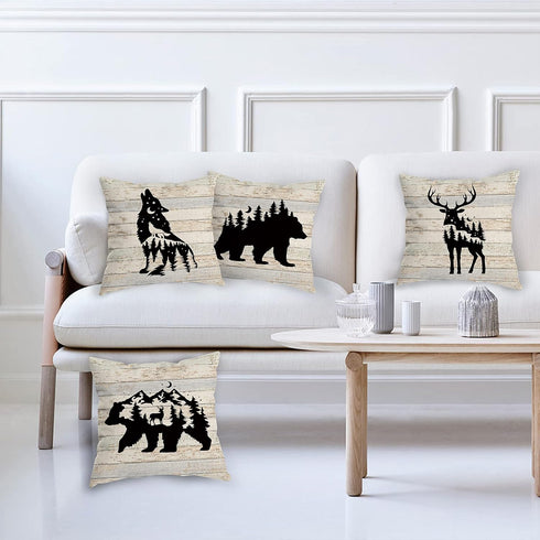 Woodland Wild Animal Throw Pillow Covers - Wolf Elk Bear Deer Camping Decor Set of 4 for Wildlife Lovers