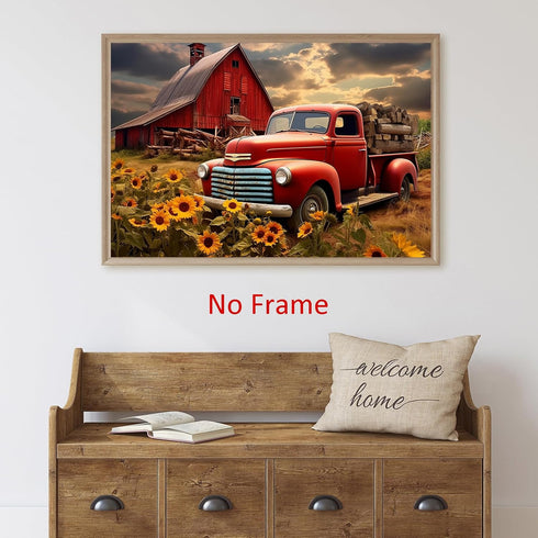 Farmhouse Rustic Pictures, Red Barn Painting Old Truck Poster, Wildflower Landscape Wall Art 16x24in
