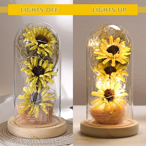 Sunflower Gifts for Women, Artificial Sunflowers in Glass Dome with LED Strip, Birthday Gifts for Mom & Grandma,