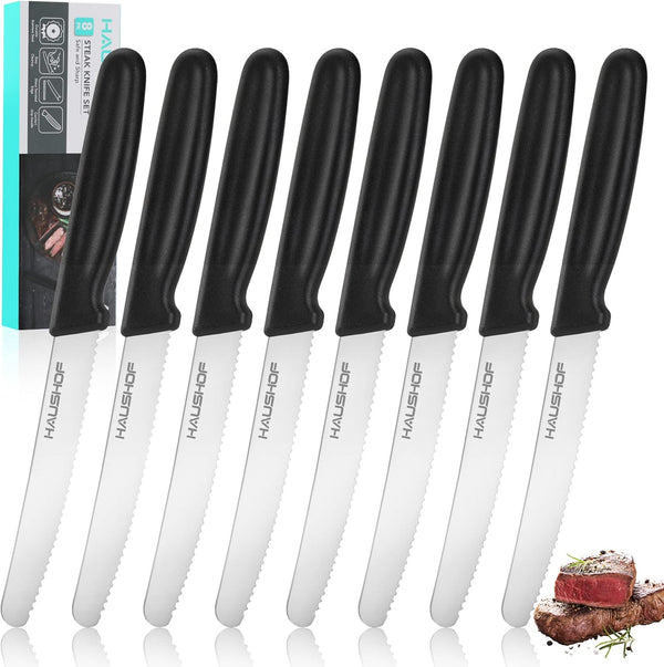 HAUSHOF Set of 8 Serrated Steak Knives, Premium Stainless Steel with Gift Box, Black Handle