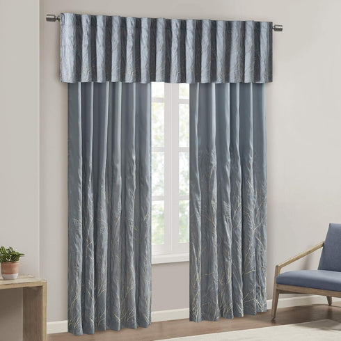 Andora Embroidered-Rod Pocket Valance, 50" x 18", Blue - Madison Park Small Faux Silk Valances for Window