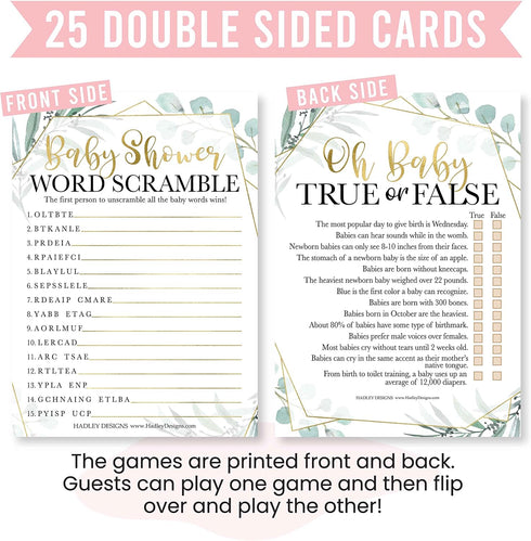 Hadley Designs Baby Shower Games Set, 25 Double-Sided Cards for 25 Guests, Word Scramble & True or False (Greenery)