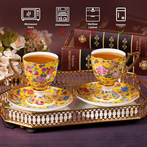 KAMMAK Set 2, 7oz (622N) Tea Cups and Saucers of Porcelain Coffee Cups, Stackable Espresso Mugs, Ceramic Demitasse