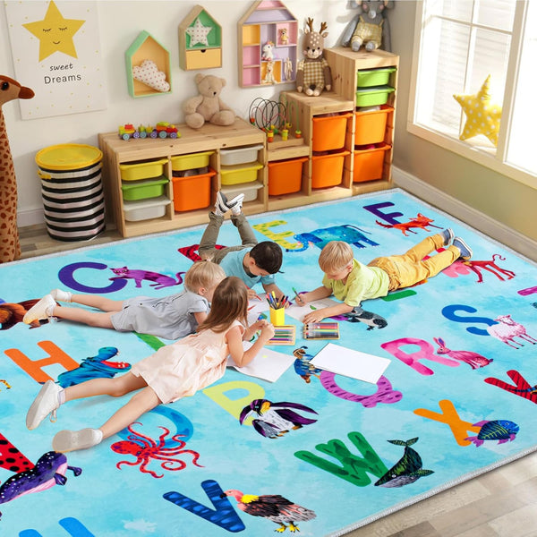 Classroom Rug Elementary Colorful Alphabet Kids Rugs for Playroom Machine Washable Nursery