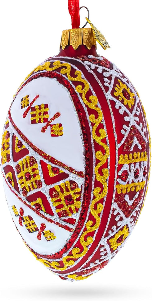 Red Stripe Ukrainian Pysanka Glass Egg Ornament, 4 Inches