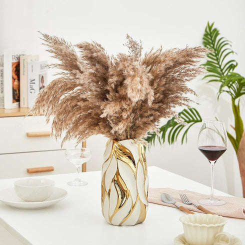 OTARTU Cream White Ceramic Vase for Flowers, Gold Flower Vase Modern Home Decor, Small Ceramic Vase for Pampas Grass