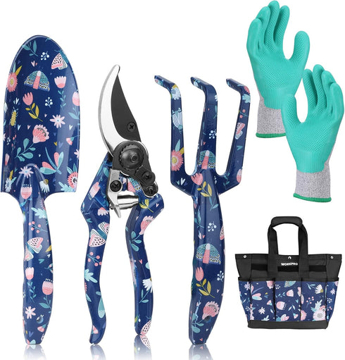 WORKPRO 5PCS Garden Tool Set, Heavy Duty Aluminum Tools with Garden Tool Bag, Blue Insect and Flower