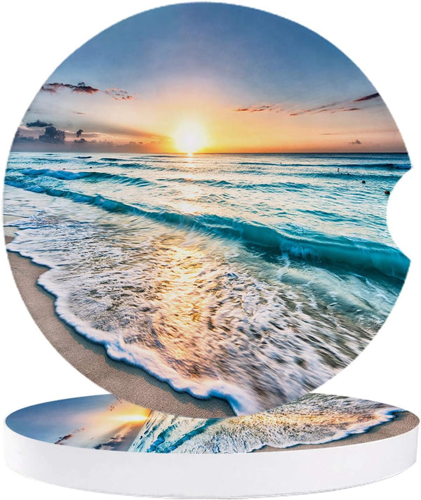 Small Car Coasters for Cup Holders - 2.65" Absorbent Ceramic Stone for Drinks, Ocean Theme Pattern
