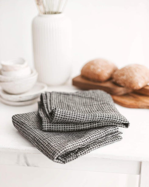 Pure 100% Linen Hand Towels - Set of 2 Waffle Weave Kitchen Towels, Black-Natural, 13 x 29-inch Quick-Dry Dish Towels