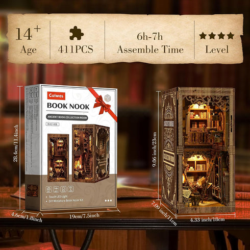 Cuiwos 3D Book Nook Kit - (Classic Edition) - Nook Tales DIY Miniature Wooden Puzzle | Vintage Book Collection Room