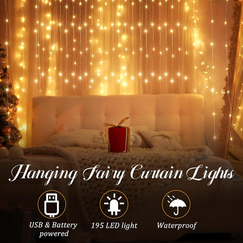 195 LED Curtain Tapestry Lights, 6.5 x 5 Feet - Backdrop String Lights with 8 Lighting Modes and Remote for Indoor