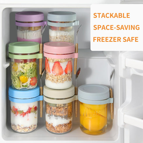 6 Pack 16 oz Xyptorix Overnight Oats Containers with Lids and Spoons, Mason Jars with Removable Separate Compartments