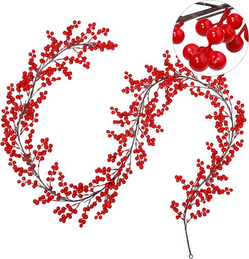 8.9FT (1) Lulu Home Red Berry Garland, Flexible Artificial Christmas Holly Berry Vine, Winter Berry Garland for Mantle