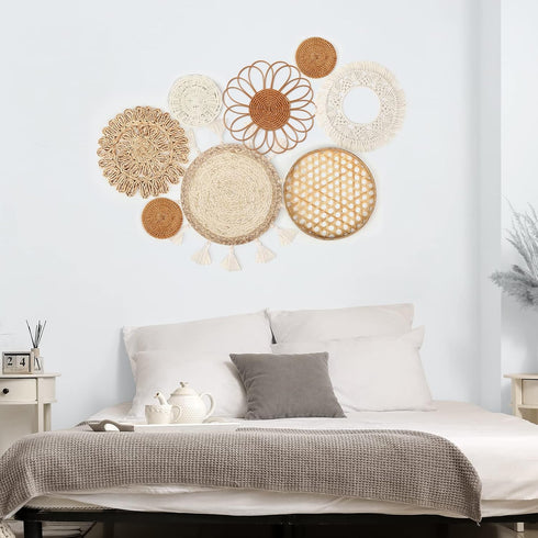 Set 8 Set Marsui of Boho Wall Hanging - Woven Rattan, Bamboo Baskets with Macrame Tassels & Tapestry for Bedroom
